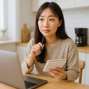 <img src="point_selection.jpg" alt="コーヒーメーカーの選び方をメモしながら調べている日本人女性">