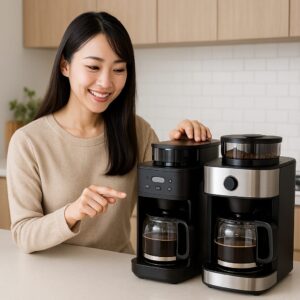 <img src="auto_clean_compare.jpg" alt="ミル付き自動洗浄コーヒーメーカーを比較する日本人女性">