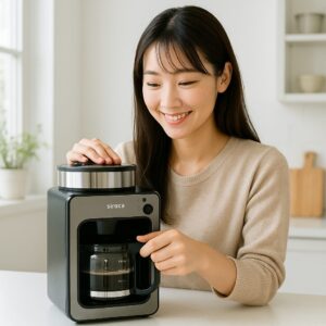 <img src="siroca_model.jpg" alt="シロカのコーヒーメーカーを操作している日本人女性の笑顔">
