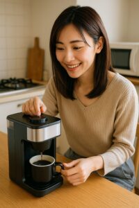 <img src="single_user_model.jpg" alt="一人暮らしの日本人女性が使うミル付き一人用コーヒーメーカー">