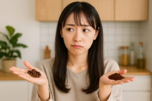 <img src="bean_powder_choice.jpg" alt="豆と粉の違いを見比べながら悩む日本人女性">
