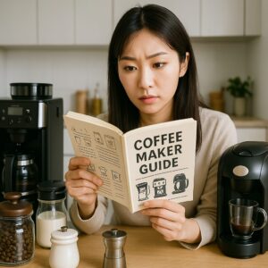 <img src="important_tips.jpg" alt="コーヒーメーカー購入前のポイントを真剣に読んでいる日本人女性">
