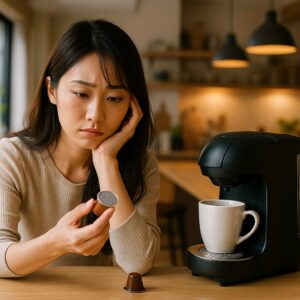 <img src="h1_title.jpg" alt="カプセル式コーヒーメーカーを前に悩む日本人女性の様子">