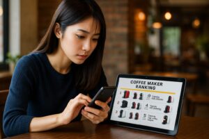 <img src="ranking.jpg" alt="コーヒーメーカーのランキングを比較している日本人女性">