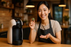 <img src="recommend.jpg" alt="おすすめのコーヒーメーカーを紹介する日本人女性店員">