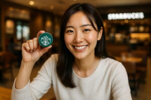 <img src="starbucks_capsule.jpg" alt="スターバックス対応カプセルを紹介する日本人女性">