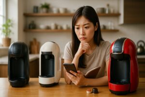 <img src="compare_machines.jpg" alt="複数のカプセル式コーヒーメーカーを比較する日本人女性">
