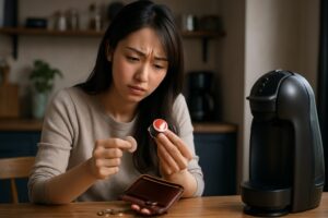 <img src="cost_performance.jpg" alt="カプセルコーヒーのコスパに悩む日本人女性">