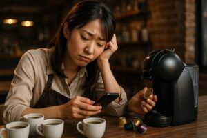 <img src="bulk_brewing_problem.jpg" alt="大量にコーヒーを淹れて疲れている日本人女性">