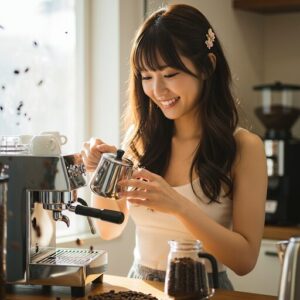 <img src="single_cup_machine.jpg" alt="豆からコーヒーを一杯ずつ楽しんでいる日本人女性の様子">