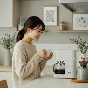 <img src="muji_coffee.jpg" alt="ミル付き無印良品のコーヒーメーカーを使う日本人女性">