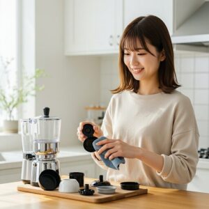 <img src="easy_clean.jpg" alt="手入れの簡単なミル付きコーヒーメーカーを掃除する日本人女性">