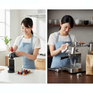\<img src="h3\_use\_and\_maintenance.jpg" alt="ネスプレッソの手軽な使い方と、デロンギの丁寧なメンテナンス作業を対比している画像"\>