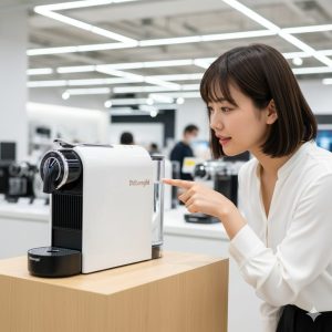 \<img src="h3\_nespresso\_delonghi\_made.jpg" alt="家電量販店でネスプレッソのコーナーにデロンギ製のマシンがあるのを見て不思議に思っている日本人女性"\>
