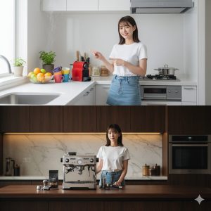 \<img src="h3\_design\_and\_space.jpg" alt="コンパクトなキッチンに置かれたネスプレッソと、広いスペースに設置されたデロンギを対比し、デザインとサイズの違いを示した画像"\>