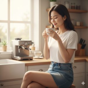 \<img src="h3\_conclusion.jpg" alt="デロンギとネスプレッソを比較検討した結果、自分に合った一台を選んで満足そうにコーヒーを飲んでいる日本人女性"\>